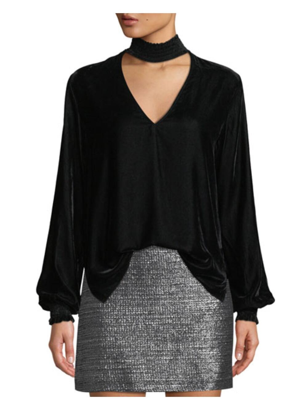 BAILEY 44 Black Velvet Choker V-Neckline Balloon Sleeve Blouse Top Shirt Size S